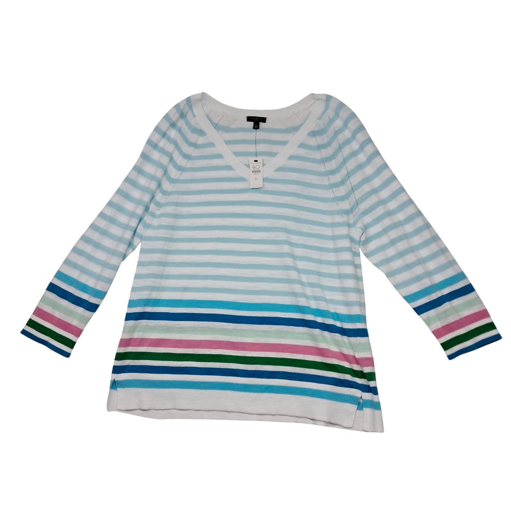 NWT Talbots Sweater Women's Large Petite White V‎ Neck Paradise Stripe Preppy